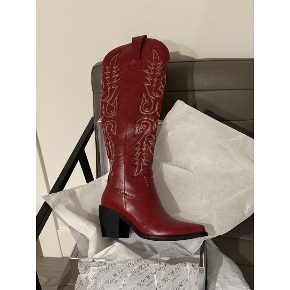 🆕Womens Red Faux Leather Cowboy Side Zipper Knee High  Chunky Heel Boots